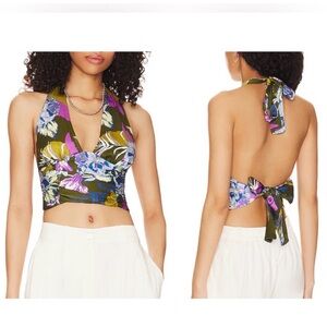 Free People Olive Green Floral Halter Crop Top with Purple & Blue Flowers